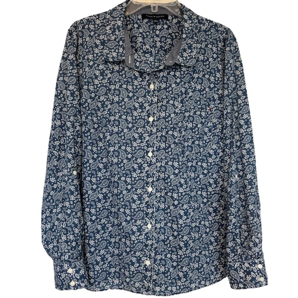 Vintage Floral Blouse Tommy Hilfiger Chambray Blue Cotton Minimalist Size XL - Picture 7 of 17